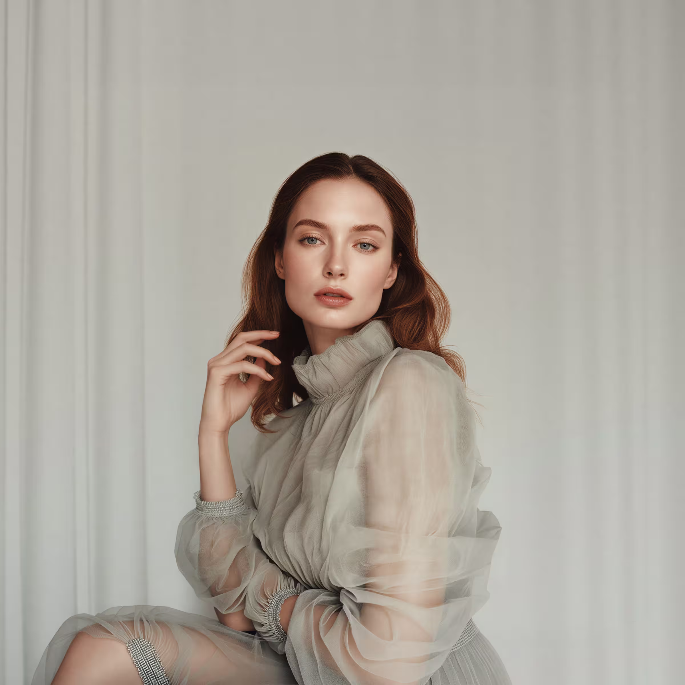 Portrait of a woman 長続きする light skin 習慣を brown hair wearing a sheer, high-neck gray dress against a neutral background.
